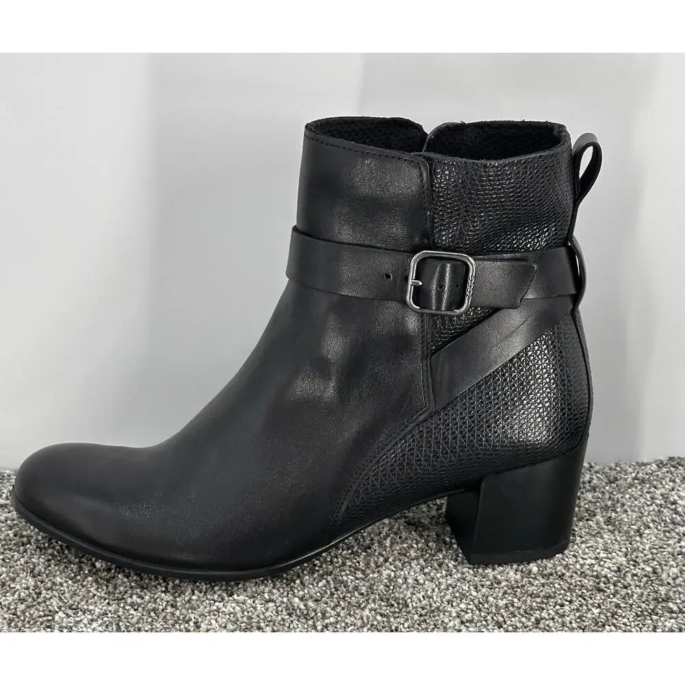 ECCO DRESS CLASSIC 35 WOMENS ANKLE BOOTS LEATHER BLOCK HEEL BLACK SZ 39EU 8-8.5